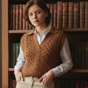 PINK ROSE Brown Cable Knit Sweater Vest M Collared V-Neck Cropped Preppy Y2K